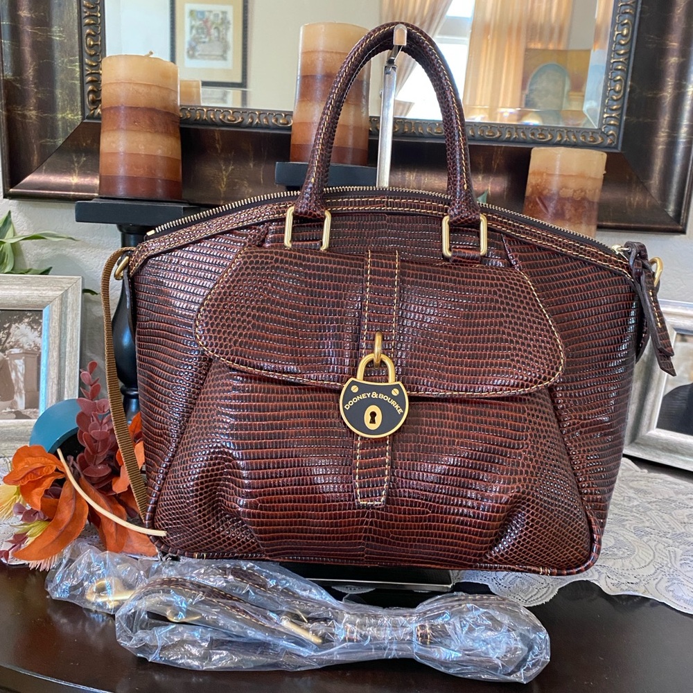 Dooney & Bourke Dark Brown Lizard-Embossed Satchel with Gold Hardware